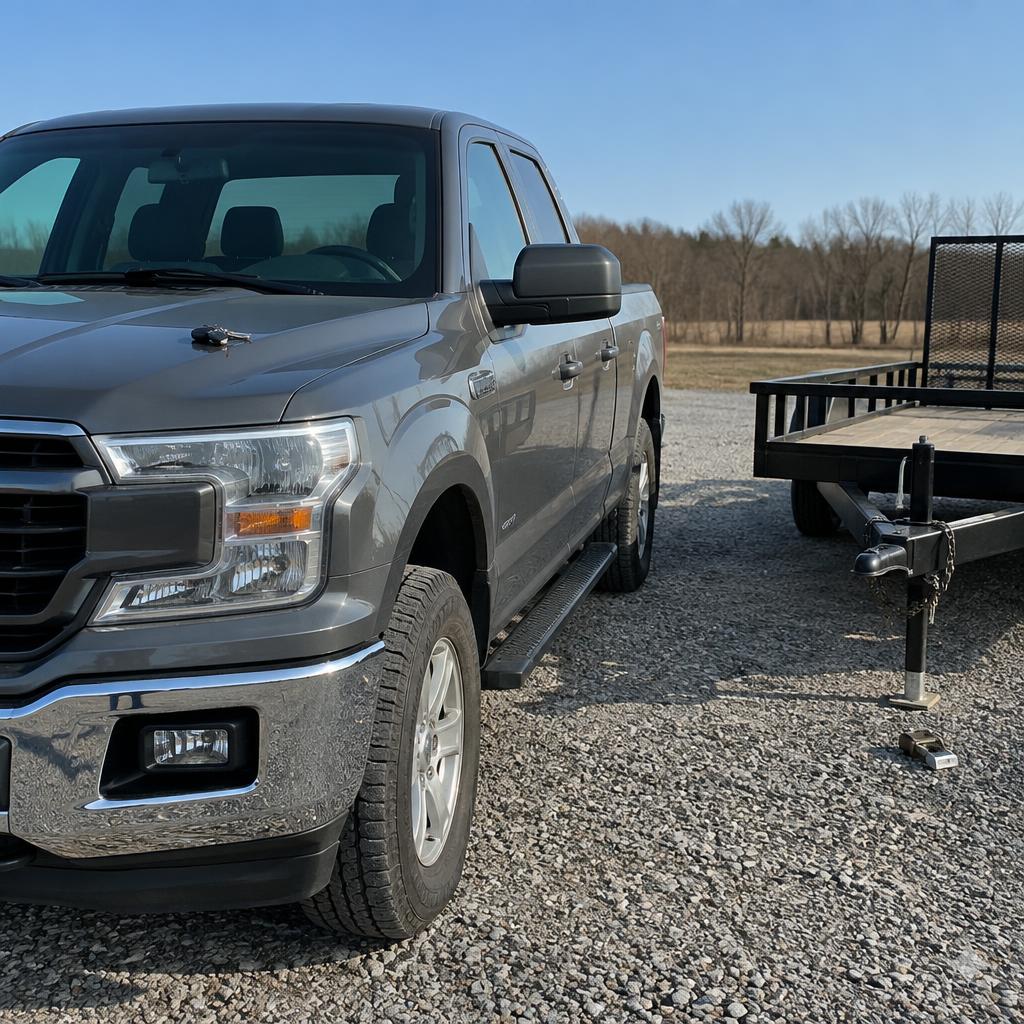 Pickup parked on flat gravel with keys on the hood and trailer lock removed before repair