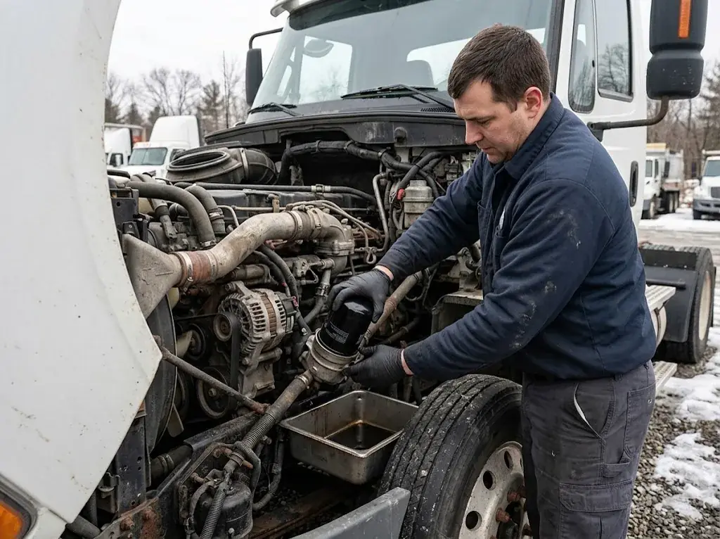Technician removing a spin-on filter from a semi truck with its hood open over a drain pan