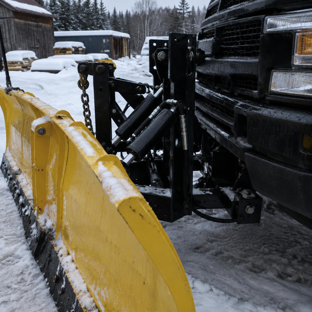 Yellow snowplow blade and hydraulic cylinders on a pickup in a snowy Maine yard