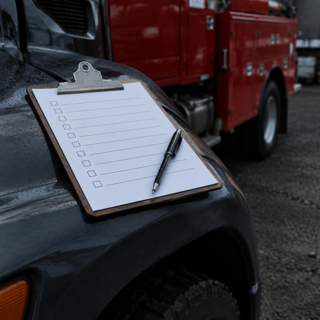 Inspection checklist on a clipboard resting on a truck fender before mobile repair