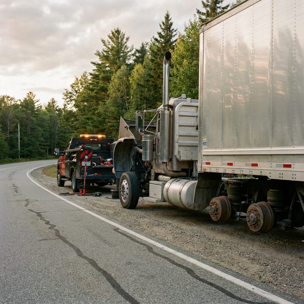 Class 8 semi truck with opened hood on a Maine roadside beside the red mobile service truck